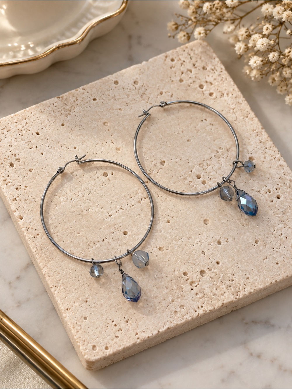 Aurora Borealis Silver tone Hoop Earrings with Blue/Gray hue